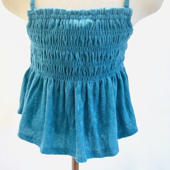 NWT SO Juniors Pullover Terry Cloth Smocked Peplum Turquoise Shirred Tank Large - Picture 8 of 12
